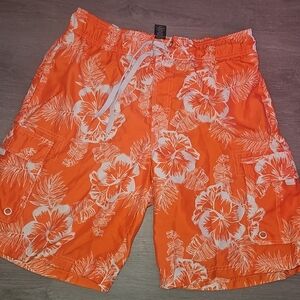 OP Orange and White Floral Swim Trunks